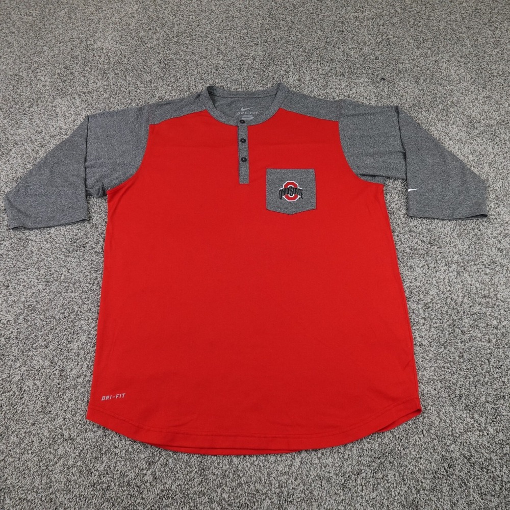 Ohio State Buckeyes Shirt Mens L Red Nike Swoosh Drifit 3/4 Sleeve Henley NCAA